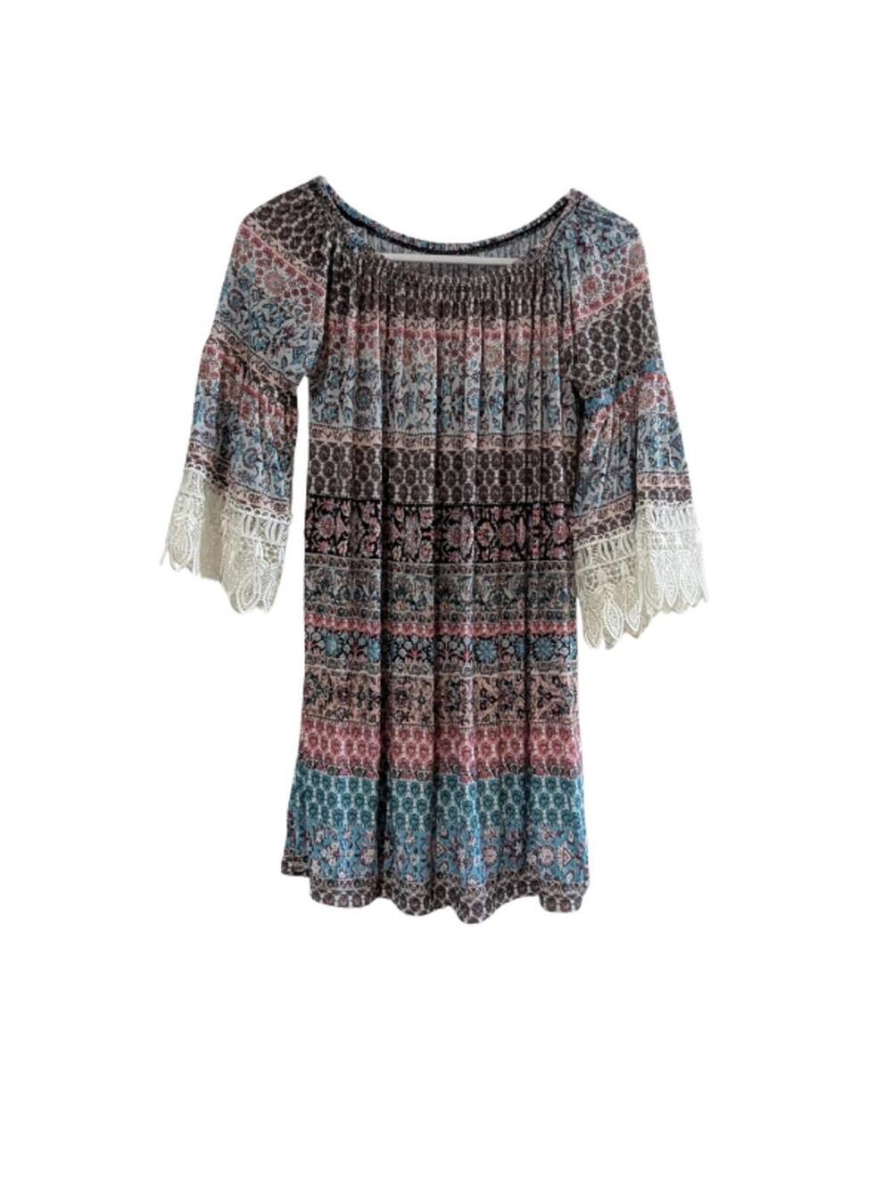 West Loop Women's Peasant Blouse, Blue Pink Black, Small, Bell Sleeve, Crochet